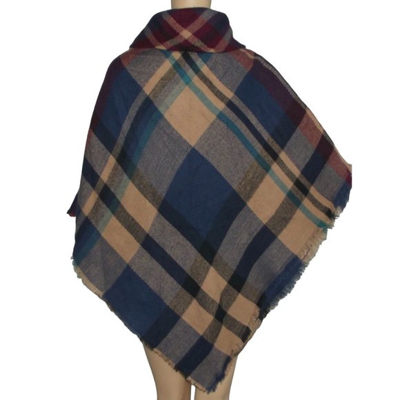 Blanket Poncho One Size OS Autumn Fall Plaid Poncho soft toggle wrap blue camel - Picture 5 of 9